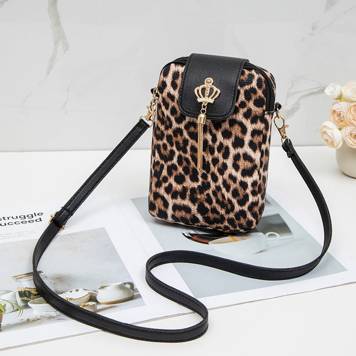 Wholesale Leopard Print Women' s Cell Phone Bag Fashion Crown Charm Embossed Crossbody Bag Shoulder Bag