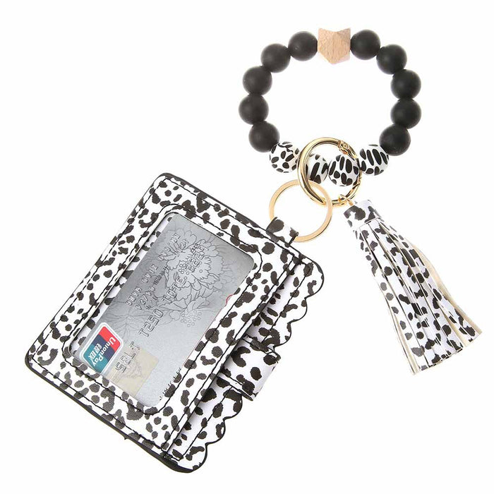 Wholesale Silicone Beads Bracelet Card Holder Leopard Print PU Leather Tassel Pendant Keychain JDC-KC-JinY010