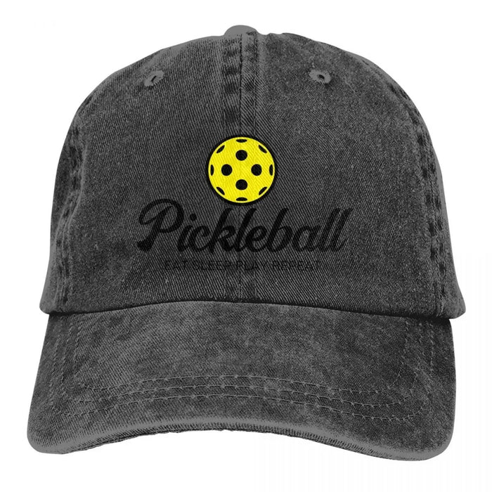 Wholesale Vintage Washed Baseball Cap With Yellow Pickleball Print Retro Distressed Curved Brim Adjustable Hat For Everyday Wear