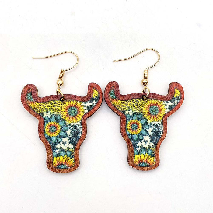 Wholesale Retro Wooden Earrings Western Denim Series Cowhead Sunflower Boho Earrings