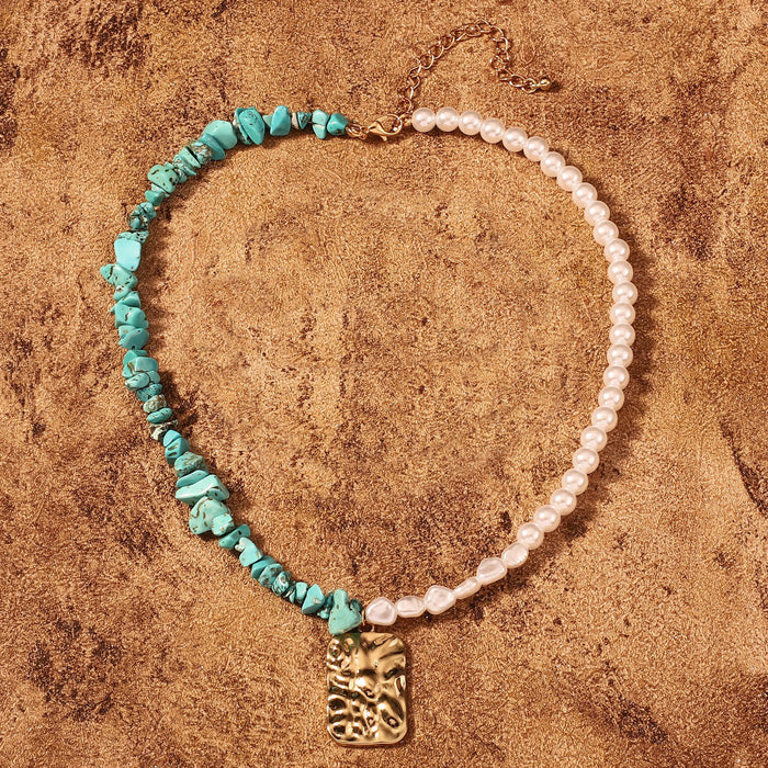 Wholesale Turquoise Pearl necklace geometric pleated alloy pendant necklace