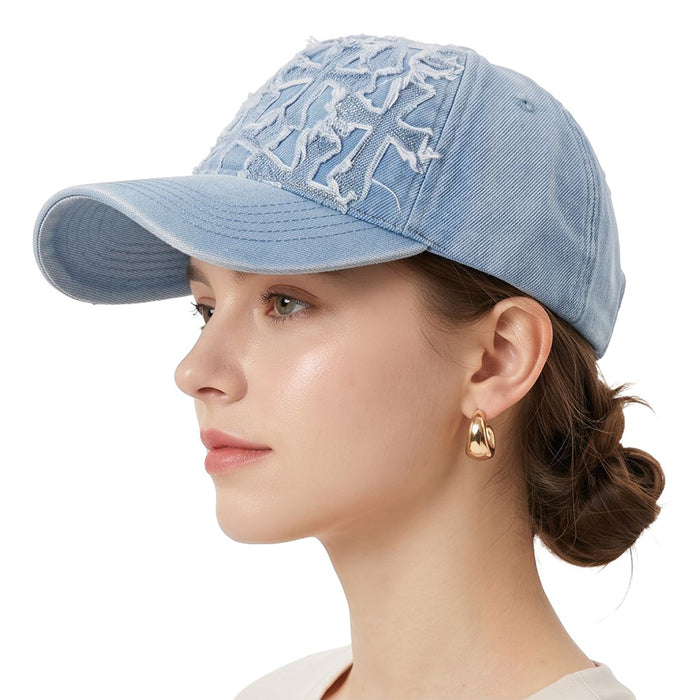 Wholesale Stylish Women' s Soft Top Washed Denim Baseball Cap with Cross Embroidery Sun Protection Hat
