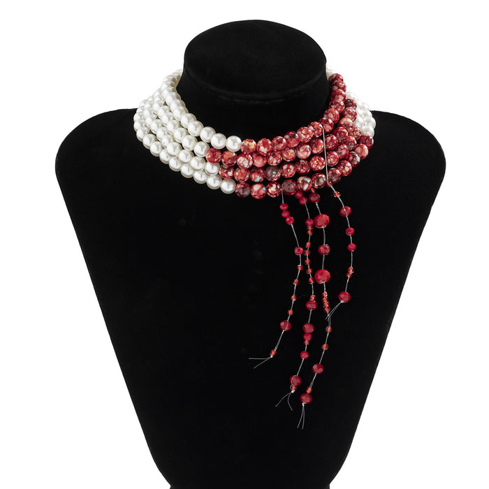 Wholesale jewelry round beads necklace vintage gothic style blood drop tassel imitation pearl necklace