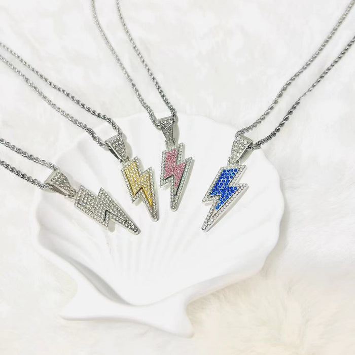 Wholesale New Full Diamond Lightning Pendant Personalized Trendy Jewelry Titanium Steel Necklace Accessories