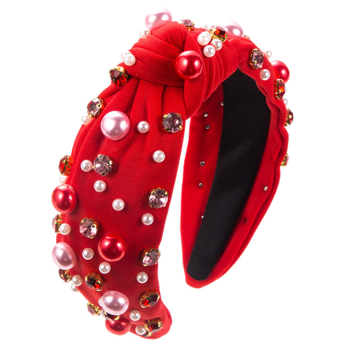 Wholesale Valentine' s Day pearl and rhinestone headband with knotted fabric design