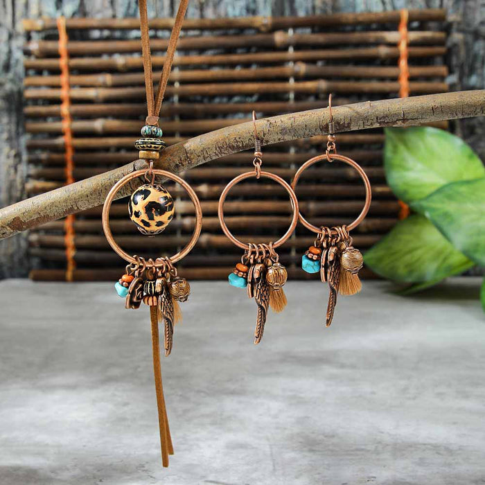 Wholesale Bohemian Dreamcatcher Tassel Earrings and Wooden Pendant Necklace Set