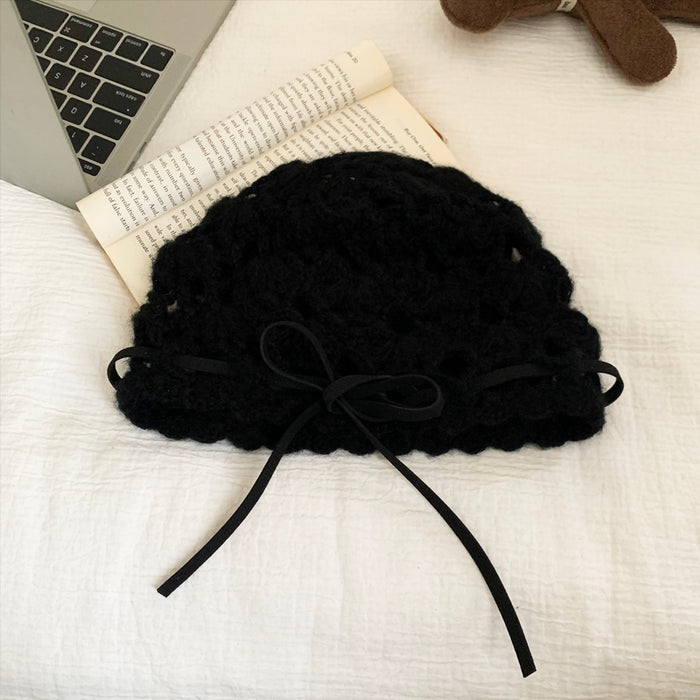 Wholesale Hollow bow knitted hat, thin, breathable, handmade crochet yarn hat