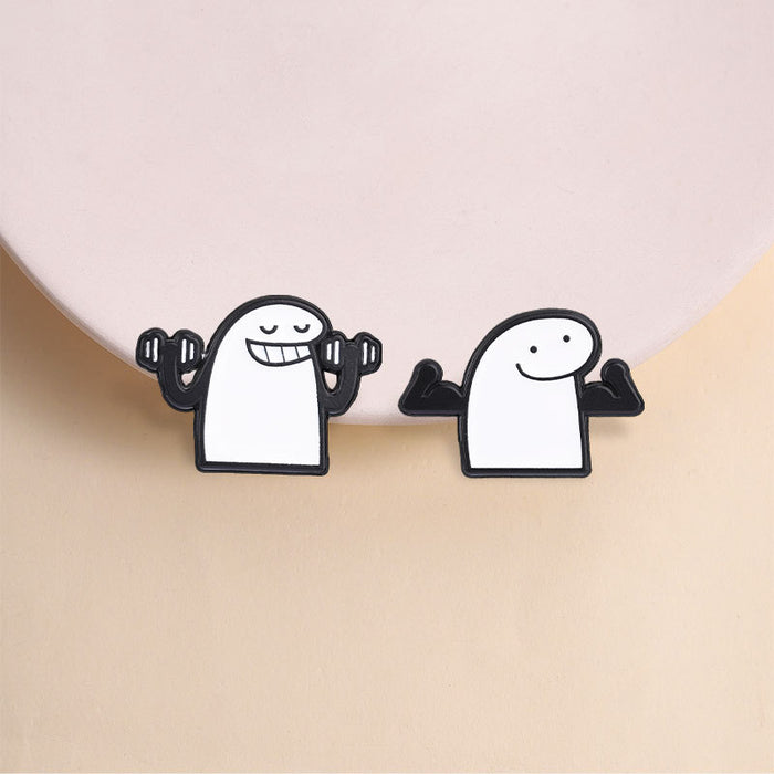 Wholesale Funny Weightlifting Cartoon Enamel Brooch Pin Black White Minimalist Design Fashion Accessory