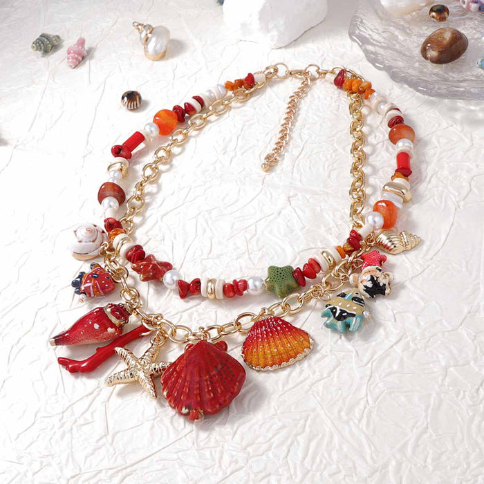 Wholesale Fresh Scallop Conch Pendant Double Layer Stacked Necklace