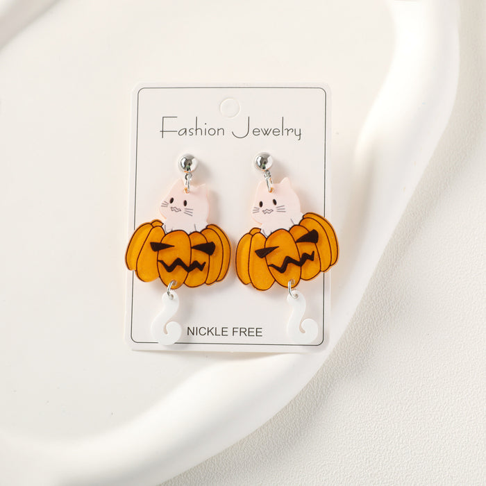 Wholesale Halloween Cute Pumpkin Monster Ghost Head Cat Ghost Tail Acrylic Printing Earrings JDC-ES-QingM002