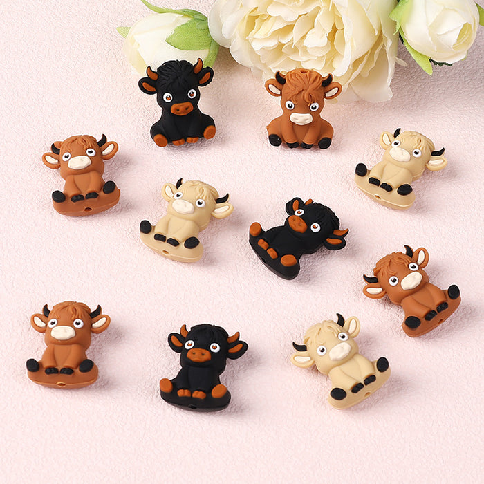 Wholesale 20pcs Silicone beads children' s teething beads necklace accessories cartoon three-dimensional highland cow silicone beads