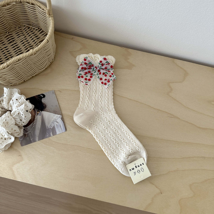 Wholesale Women's thin breathable socks with bow tie, mid tube socks, hollowed out lace socks