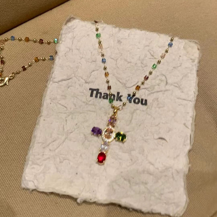 Wholesale Colorful cross, contrasting crystal necklace, niche design, temperament, super sparkling zirconia lock chain