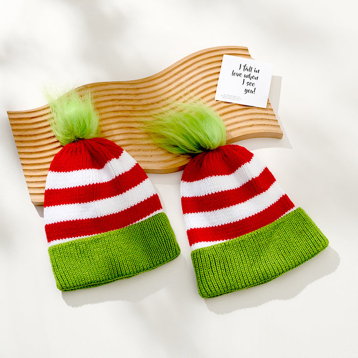 Wholesale Children' s Christmas Knitted Hat Red and Green Striped Fur Ball Knitted Hat