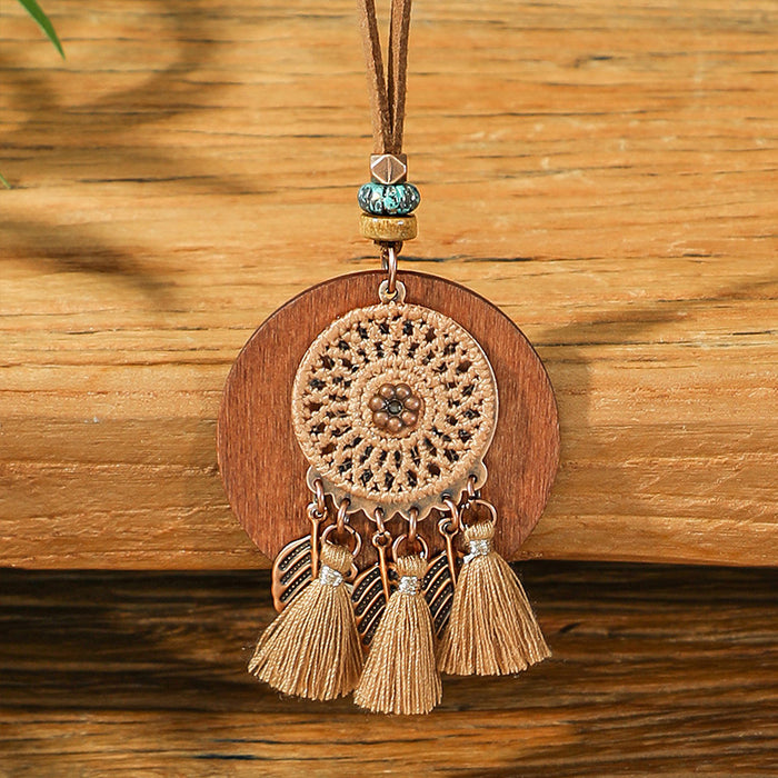 Wholesale Bohemian Dreamcatcher Tassel Earrings and Wooden Pendant Necklace Set