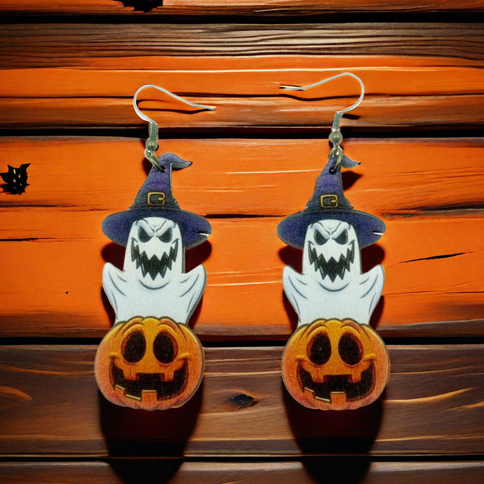 Wholesale Halloween Wooden Pumpkin Ghost Print Earrings JDC-ES-Yinxue002