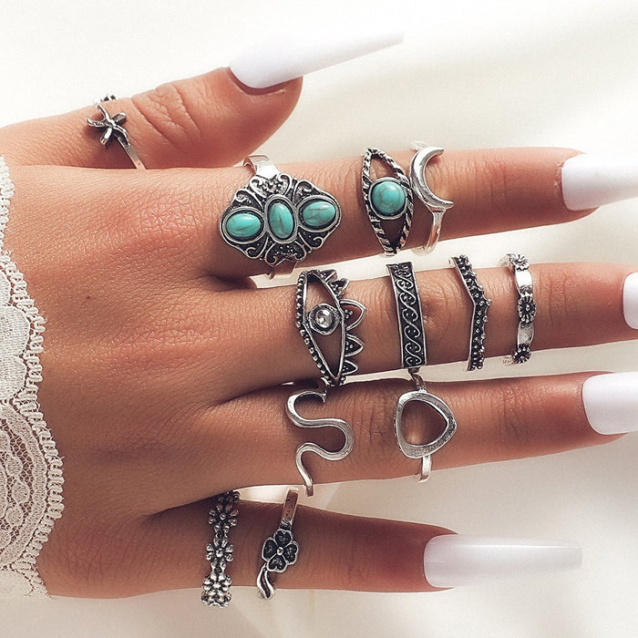 Wholesale Ethnic Style Retro Turquoise Carved Feather Ring Fashionable and Personalized 8-Piece Combination Ring Set