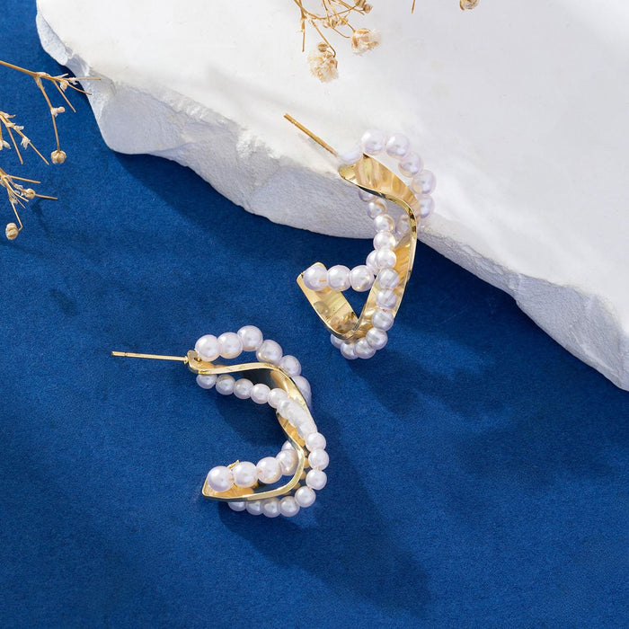 Wholesale New irregular retro pearl wrapped geometric pure copper silver needle earrings trendy earrings