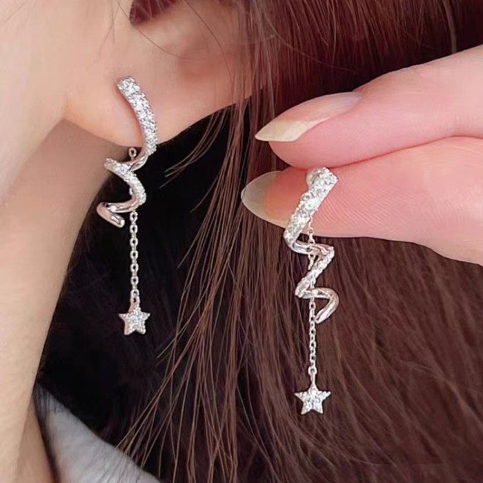 Wholesale S925 Silver Needle Diamond Geometric Spiral Twisted Earrings Star Tassel Earrings