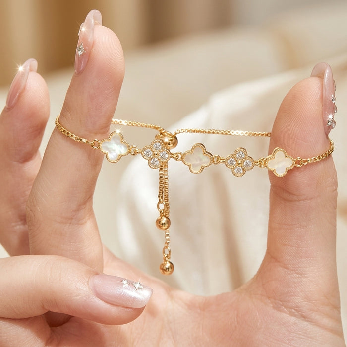 Wholesale Gold Alloy Four Leaf Clover Bracelet With Mother Of Pearl Flower And Zircon Trendy Women S Fashion Accessory Anniversary Gift