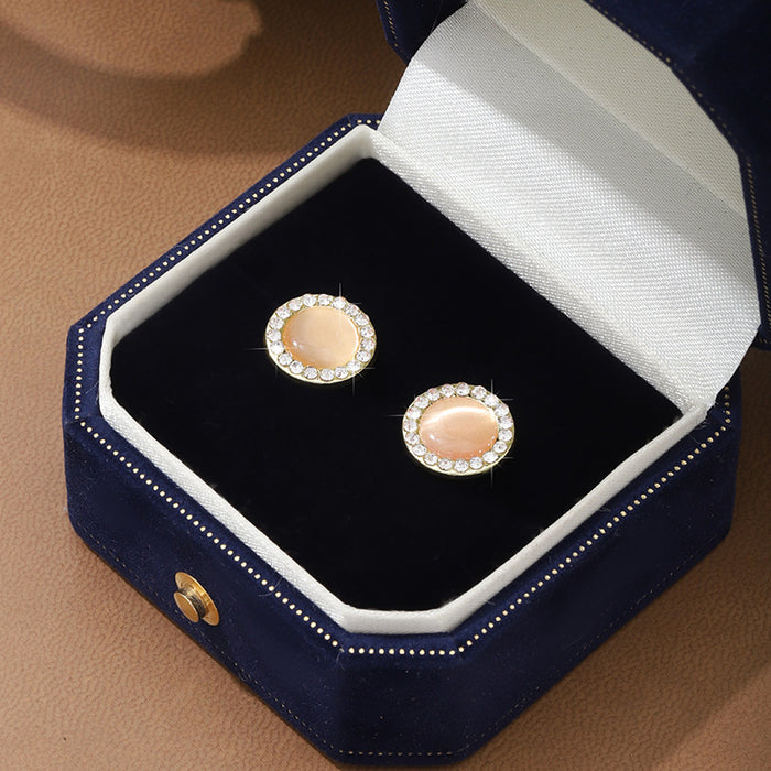 Wholesale Silver Needle Fashion Cat Eye Stone with Diamond and Pearl Earrings, High Grade Color Round Earrings, Wholesale