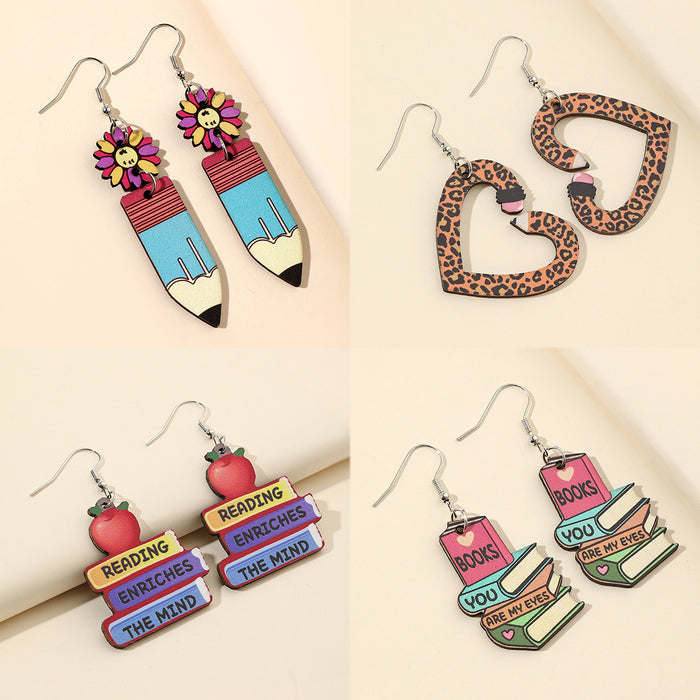 Wholesale leopard love pencil books wooden ladies earrings