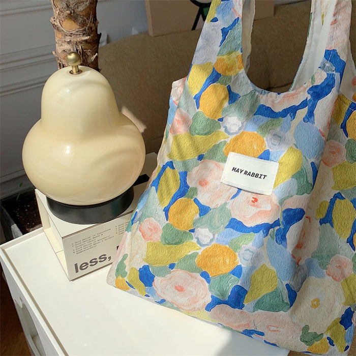 Wholesale Retro oil painting flower canvas bag casual shoulder bag cloth bag hand-held large bag vest bag