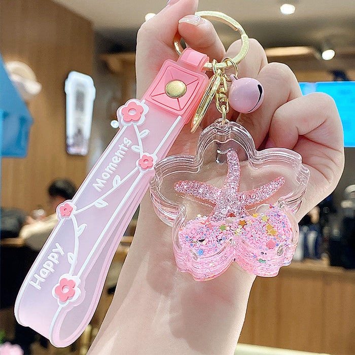 Wholesale Starfish Oil Flow Bottle Keychain Acrylic Pink Gift Bag Charm