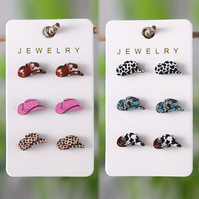Wholesale Western style leopard print cow pattern turquoise pattern cowboy hat earring set wooden earrings gift