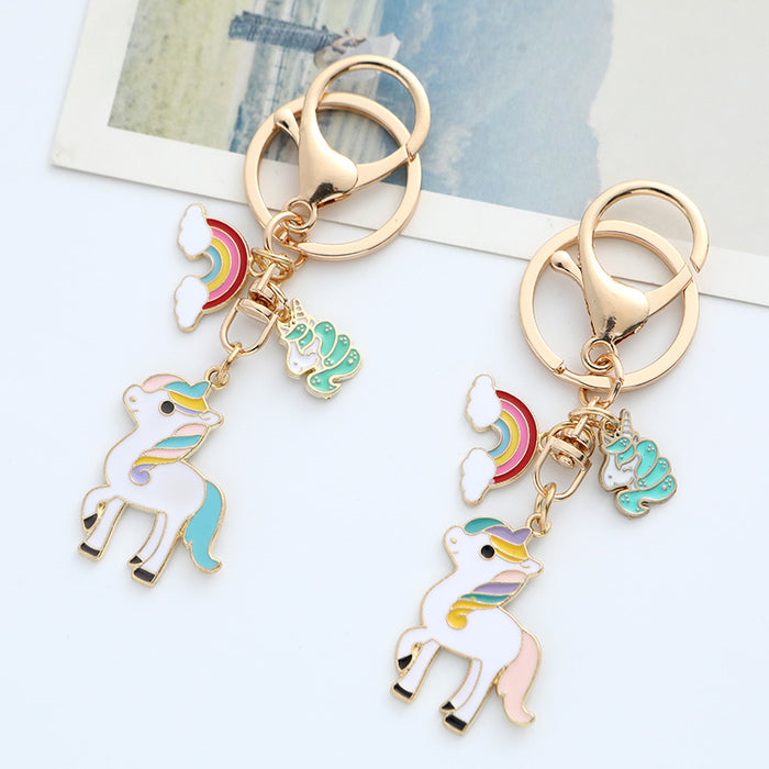 Wholesale Cartoon Rainbow Unicorn Keychain Pendant Dripping Oil Alloy Pony Car KeyChain