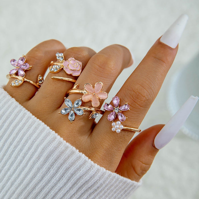 Wholesale Flower Pearl Ring Set – Fashion Accessory Dripping Oil Design MOQ≥5