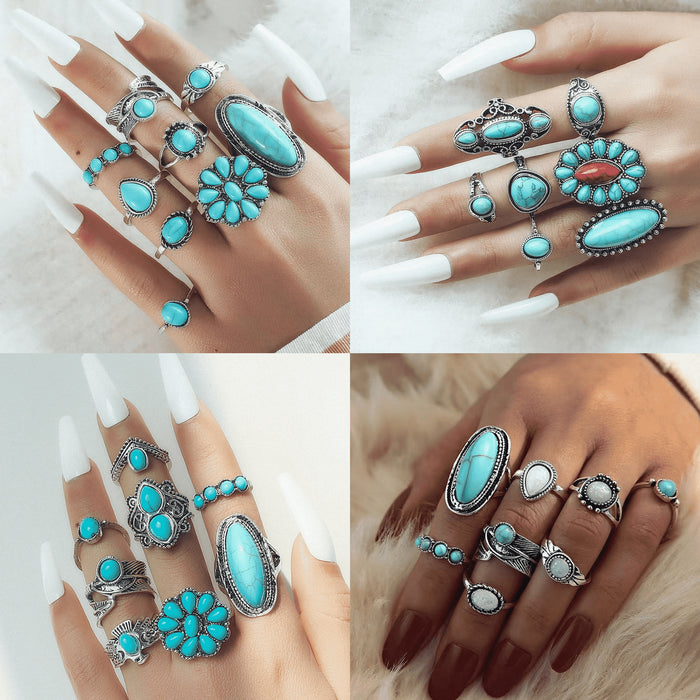 Wholesale Ethnic Style Retro Turquoise Carved Feather Ring Fashionable and Personalized 8-Piece Combination Ring Set