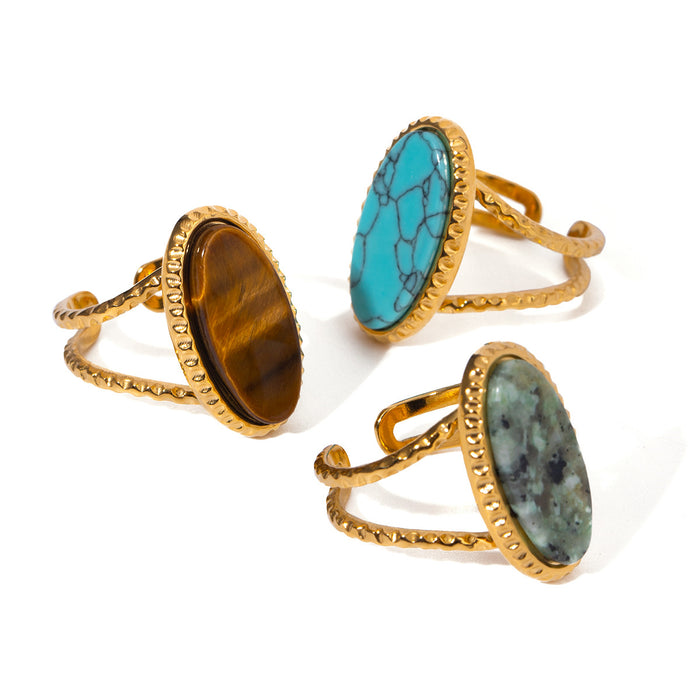 Wholesale Oval Blue Turquoise Tiger Eye Stone African Pine Adjustable Open Ring Women's Niche Premium