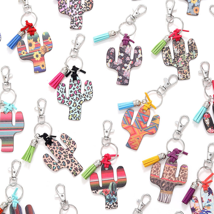 Wholesale Wooden Cactus Leopard Flower Rainbow Sunflower Stripe Print Keychain JDC-KC-YiTian018