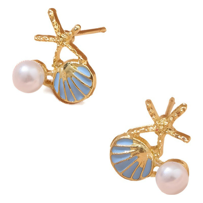 Wholesale Small and luxurious element, oil dripping scallop, starfish, imitation pearl, diamond studded earrings