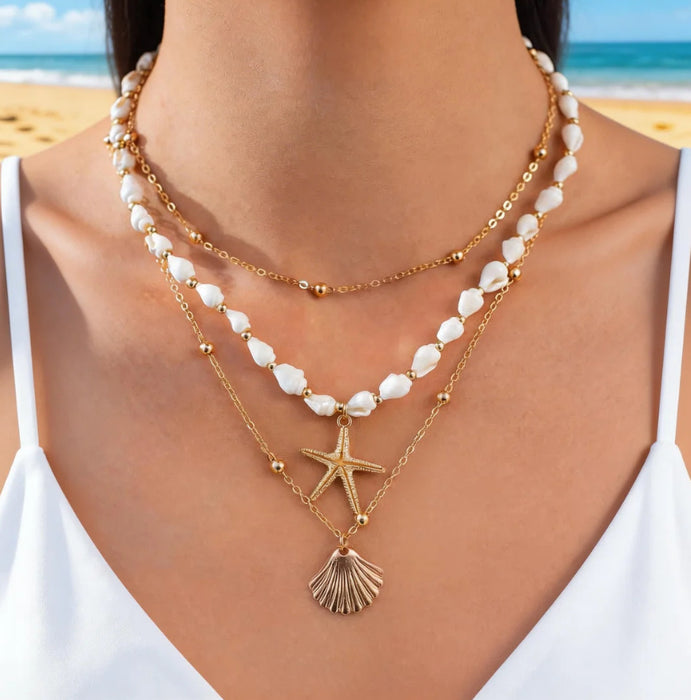 Wholesale Bohemian Starfish Shell Pendant Necklace Faux Pearl Ocean Series Beach Vacation Style