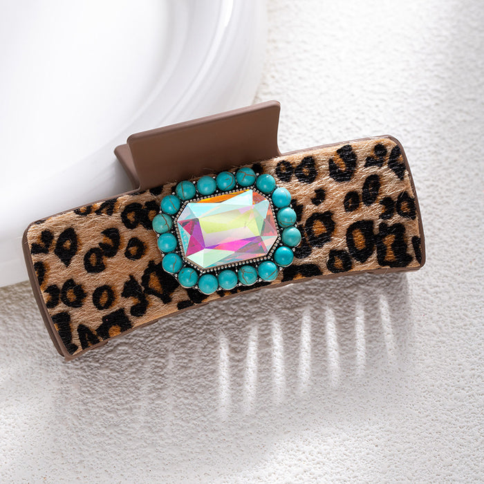 Wholesale Bohemian Turquoise Western Grabber Retro Leopard Sequin Leather Ethnic Style Shark Clip