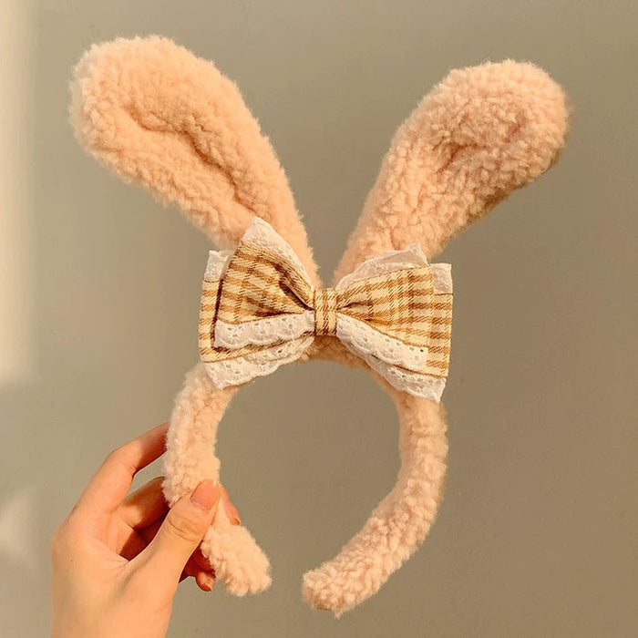Wholesale Cute bow bunny ears lace trim plush headband
