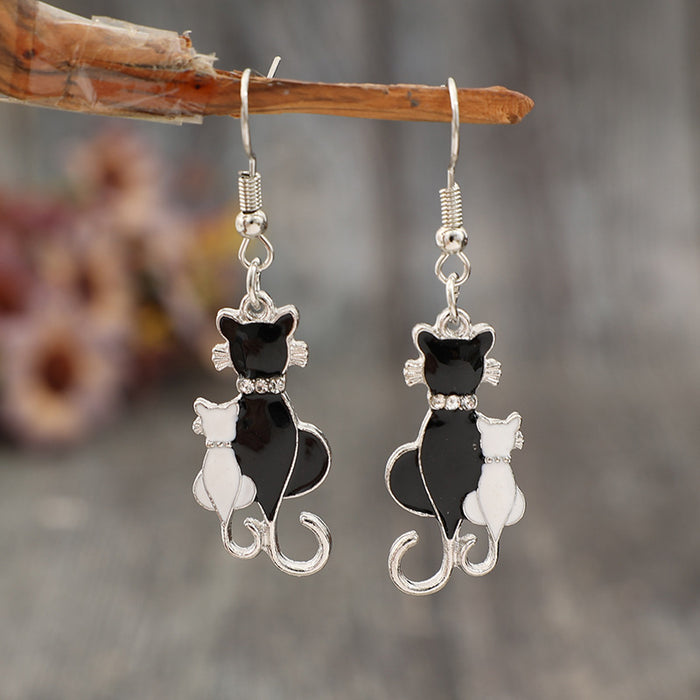 Wholesale Black and White Cat with Diamonds Earrings JDC-ES-SaIP109