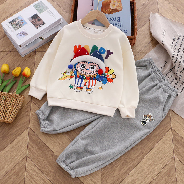 Wholesale Girls Cotton Sweatshirt Cartoon Children Autumn Three-dimensional Doll Collar Top Fashionable Children' s Clothing Two-piece Set Chinese Cotton Sweatshirt