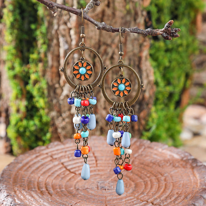 Wholesale 2pcs Bohemian Vintage Flower Tassel Elegant Earrings