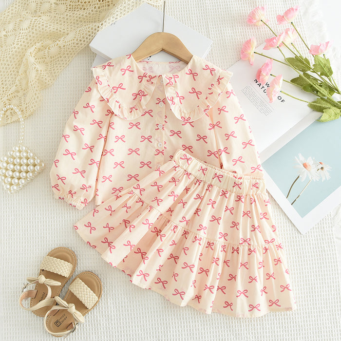 Wholesale Long Sleeve Printed Babydoll Skirt Bowknot Children's Suit JDC-CTS-DuoEr005