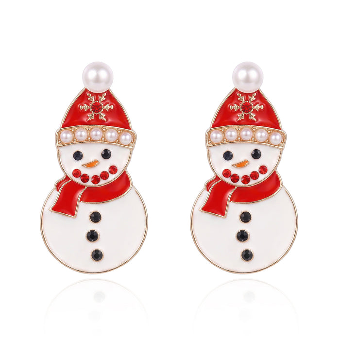Wholesale Alloy Christmas Snowman Earrings with Rhinestone and Pearl Fashion Accessory Gift