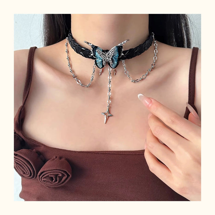 Wholesale Butterfly tassel necklace, heavy-duty necklaces, punk retro necklaces, neckband accessories