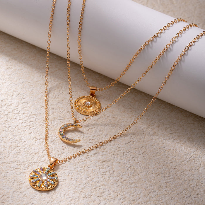 Wholesale Multi layered circular diamond necklace with geometric luxury and high-end feel, moon and sun pendant, collarbone chain