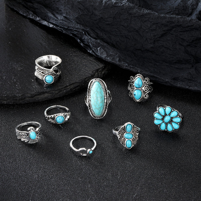 Wholesale Ethnic Style Retro Turquoise Carved Feather Ring Fashionable and Personalized 8-Piece Combination Ring Set