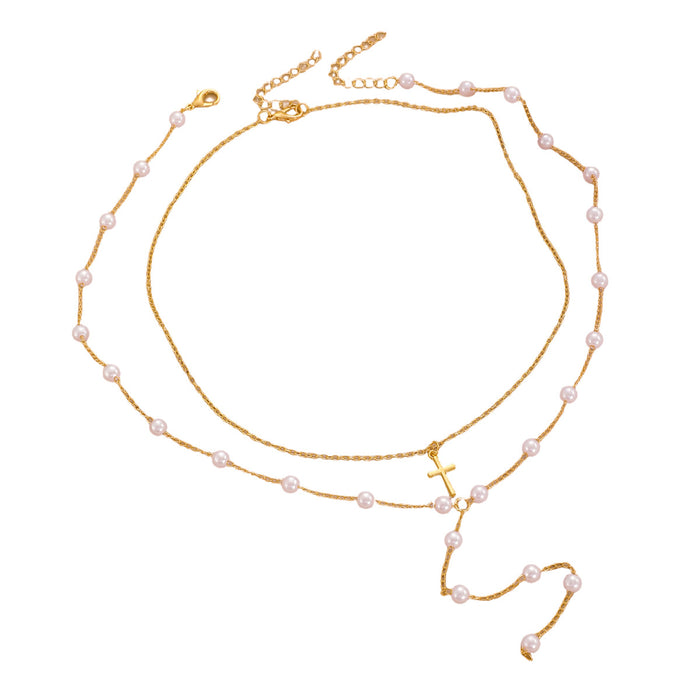 Wholesale Jewelry Imitation Pearl Cross Pendant Necklace Women's Multi-Layer Clavicle Chain
