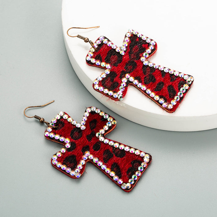 Wholesale Cross-print leather leopard print Statement Earrings