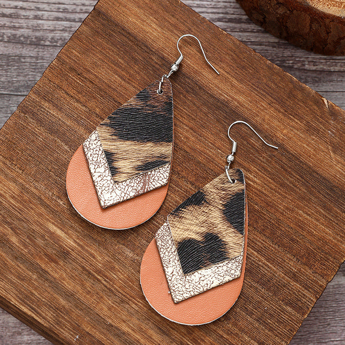 Wholesale Western Denim Three-layer Leopard Print Drop-shaped Leather Earrings JDC-ES-YiTian002