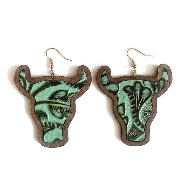 Wholesale Western leather earrings retro cow' s head Classic water droplets inlaid wooden earrings jewelry
